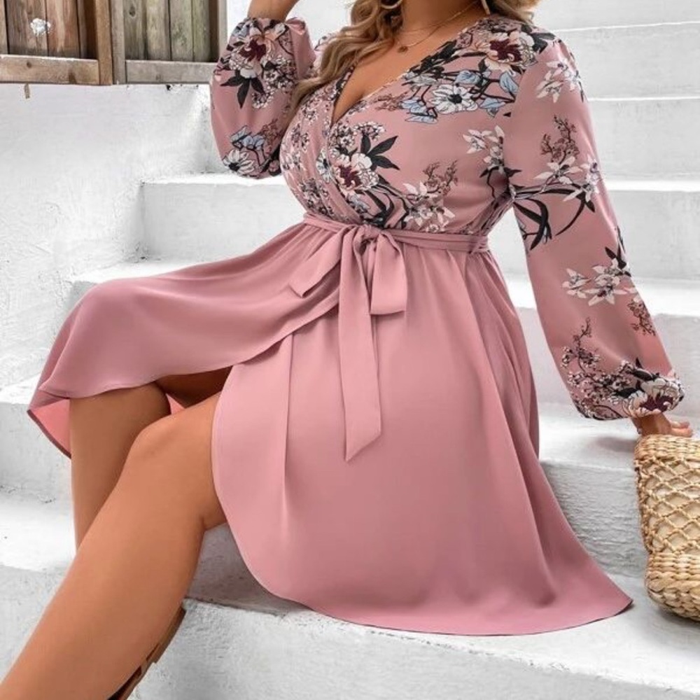 SHEIN Pink Floral Long Sleeve Dress